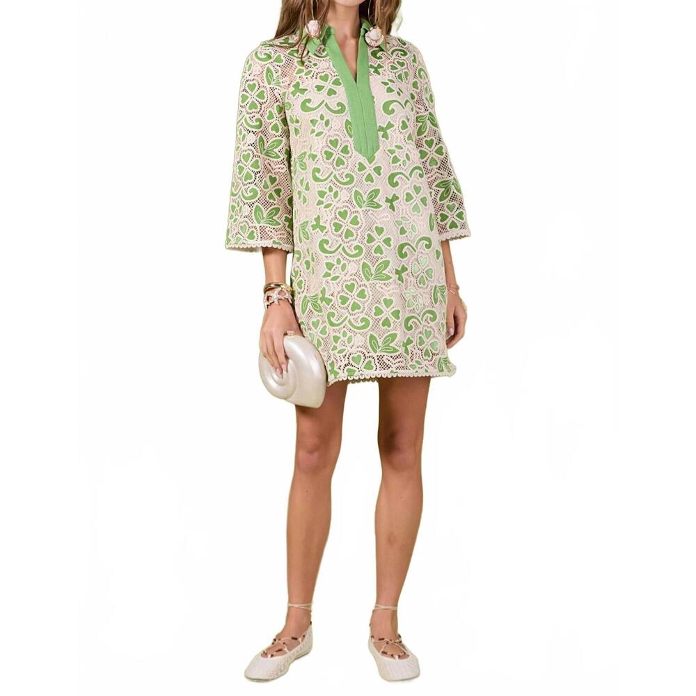 English Factory Green and Cream Long Sleeve Shift Dress